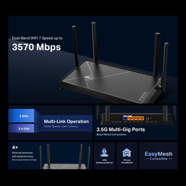 TP-Link Archer BE3600 Router WiFi 7 BE3600Mbps, WiFi Router, 2.5G Ports, USB 3.0 Port, Maximized Coverage, VPN Router, Internet Booster Routers, WiFi Booster, HomeShield Security, Easy Setup,EasyMesh