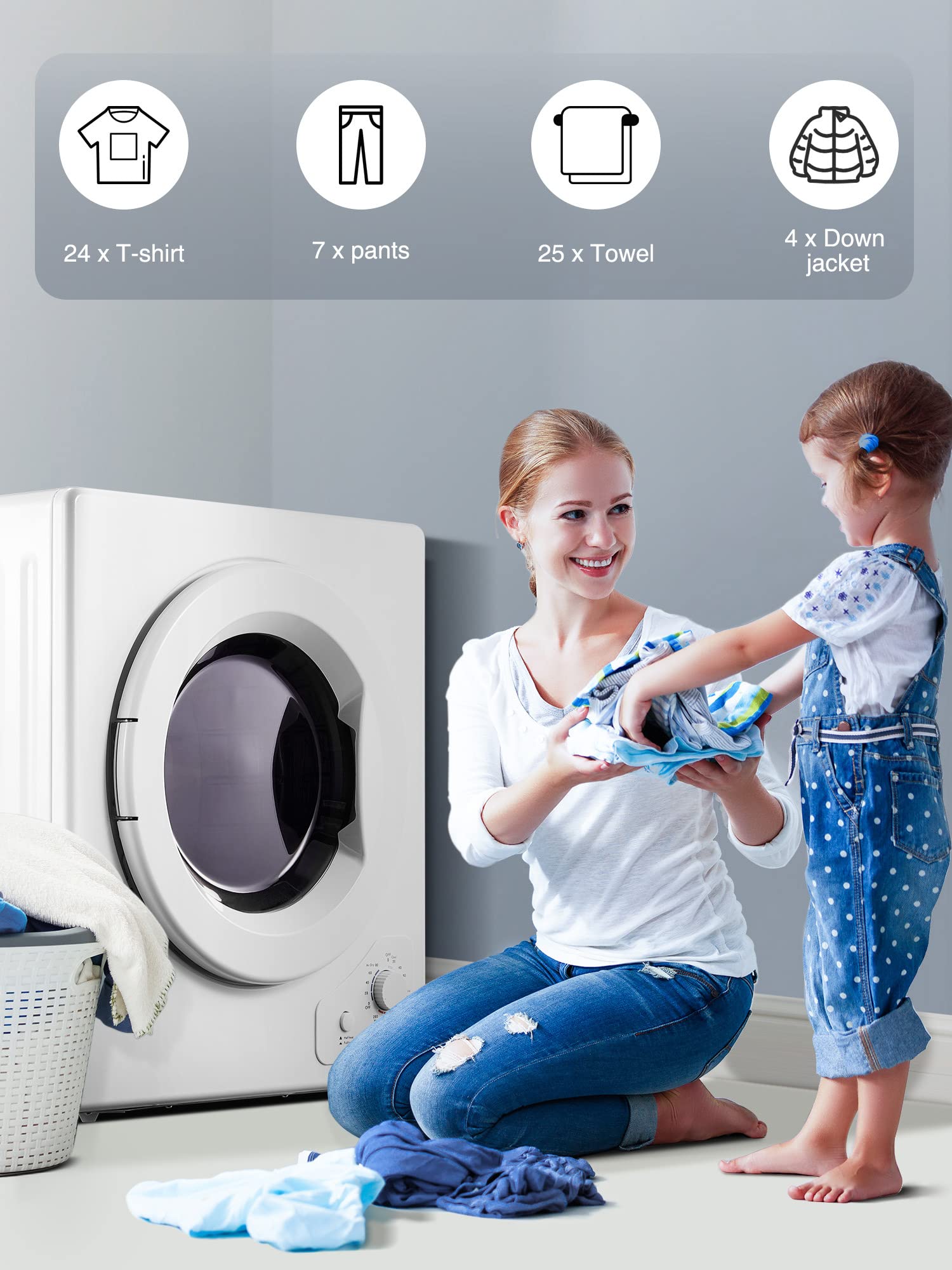 4KG Small Vented Dryer with Sensor Dry, FOHERE 1200W Compact Tumble Dryer with Stainless Steel Tub, Control Panel Downside Easy Control for 5 Automatic Drying Modes, White