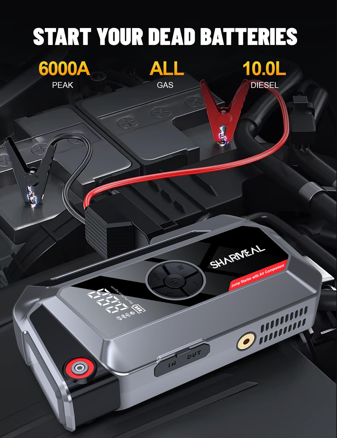 SHARMEAL 6000A Portable Car Battery Booster (all Gas/10L Diesel), Jump Starter Power Pack with 150PSI Air Compressor, 12V Car Jump Starter Power Bank with Jump Leads, LCD Screen, Emergency Light