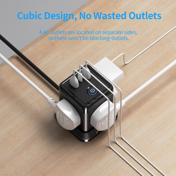 Hulker 3M Cube Extension Lead with 3 Slots 4 Gang Plug Socket with Switch 4 Way Power Strip with 3 USB Port 3 Metre Extension Cable Black 13A 3250W for Home Dorm Office
