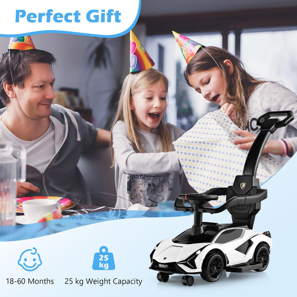 GYMAX 3 in 1 Kids Ride on Push Car, Licensed Lamborghini Push Along Car with Handle, Guardrails, USB Port, Music & Lights, Underneath Storage, Toddler Sliding Toy for 18-60 Months Boys Girls (Black)