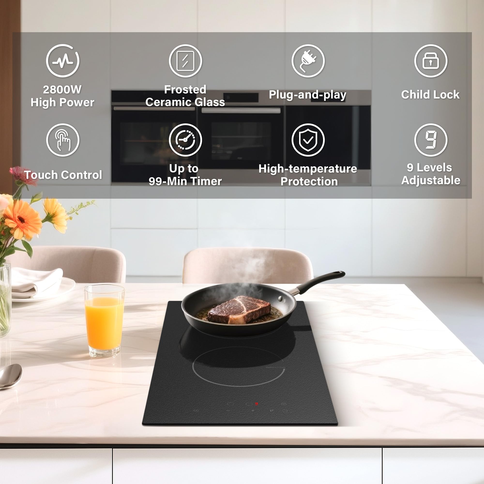 GIONIEN Plug in Induction Hob 2 Rings,Domino Hobs,30cm Electric Cooktop 2800W 13 Amp, Built in Worktop,Black Glass Smooth Worktop,Double Induction Cooker GIT230SP