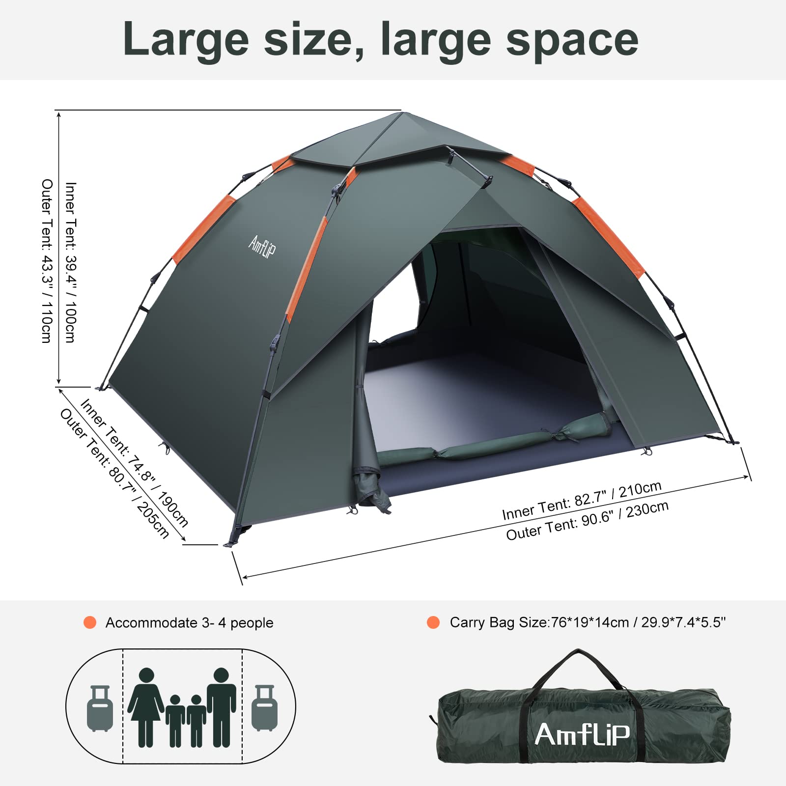 Amflip Camping Tent Automatic 3 Man Person Instant Tent Pop Up Ultralight Dome Tent 4 Seasons Waterproof & Windproof Camping Tent with Removable Outer Tarpaulin, Double Layers