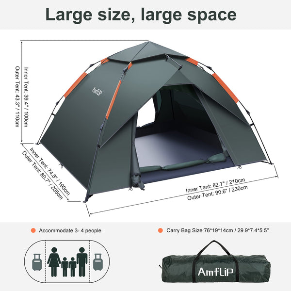 Amflip Camping Tent Automatic 3 Man Person Instant Tent Pop Up Ultralight Dome Tent 4 Seasons Waterproof & Windproof Camping Tent with Removable Outer Tarpaulin, Double Layers