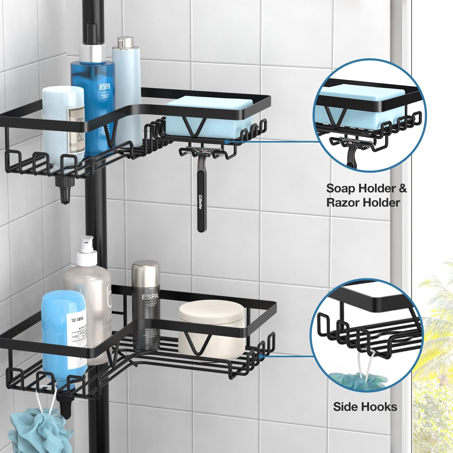 Kegii Telescopic Shower Caddy Corner - Stainless Steel Shower Shelf No Drilling Bathroom Caddy with Soap Holder and Hooks(White), On The Bath or Stand Up Shower