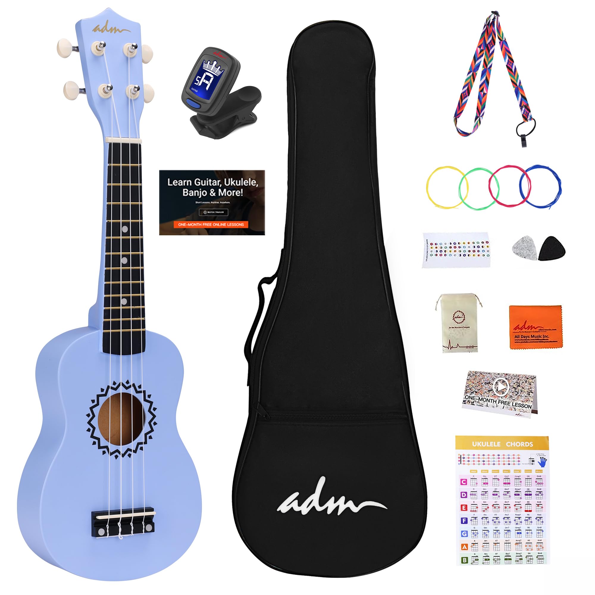 ADM Soprano Ukulele Set for Kids and Beginners, Ukulele Starter Kit with Bag, Clip-On Tuner, Rainbow Strings, Colourful Strap, Plectrum, Fingerboard Sticker, Chord Card (Dark Blue)