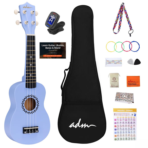 ADM Soprano Ukulele Set for Kids and Beginners, Ukulele Starter Kit with Bag, Clip-On Tuner, Rainbow Strings, Colourful Strap, Plectrum, Fingerboard Sticker, Chord Card (Dark Blue)