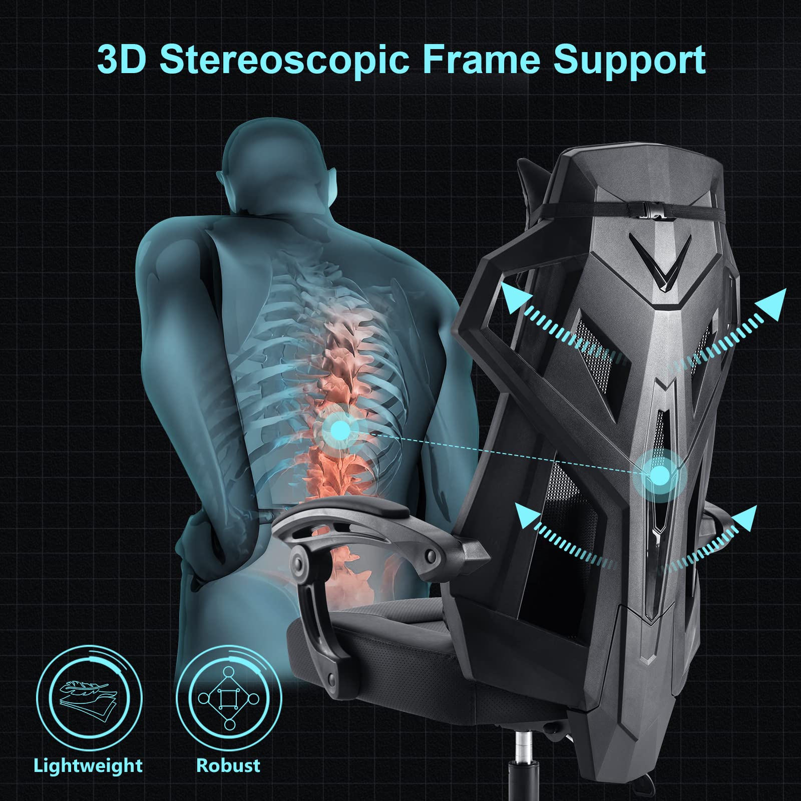 GTPLAYER Mesh Gaming Chair with Footrest 3D Stereoscopic Frame Support Ergonomic Fabric CoverReclining Computer Office Desk Chair Height Adjustable
