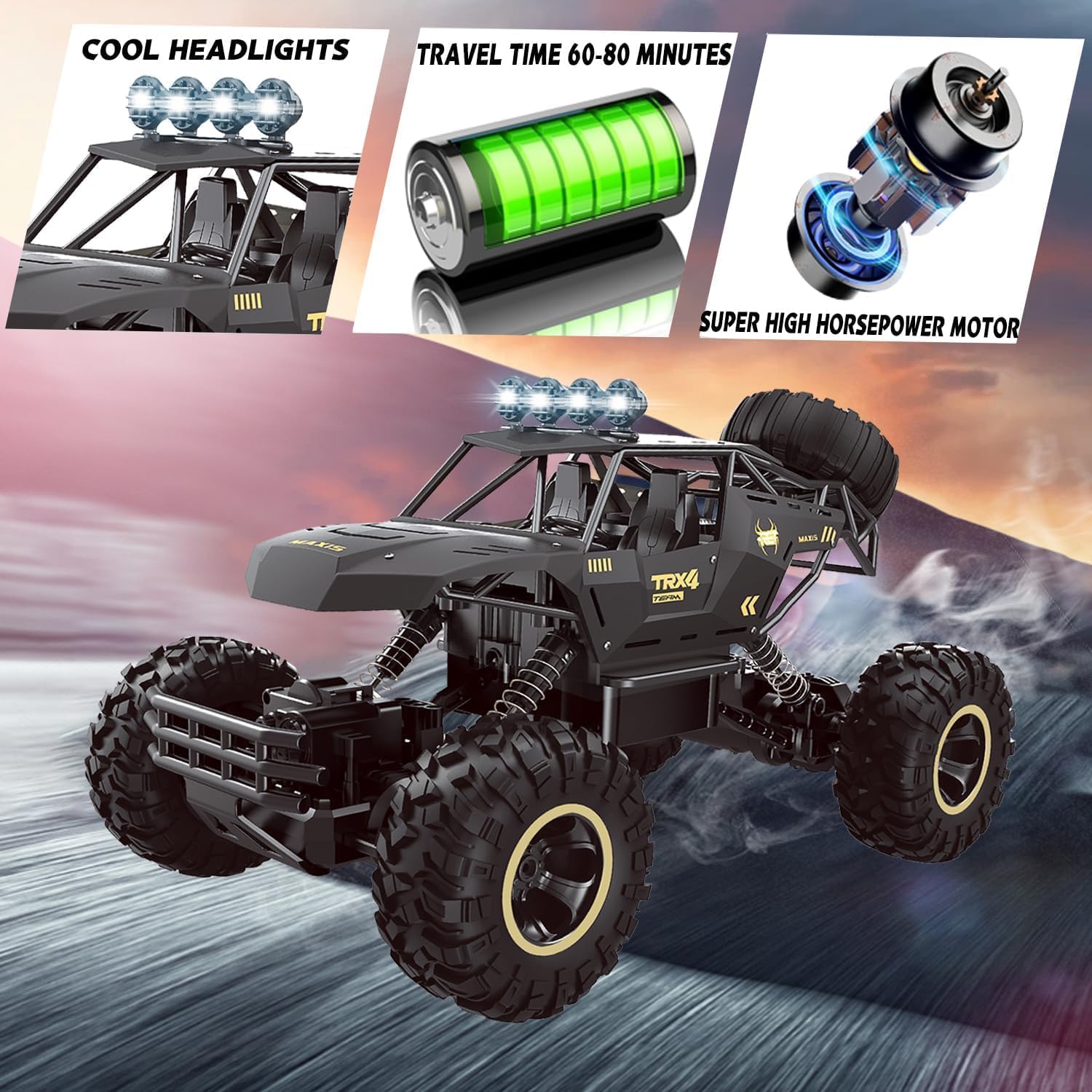 Jiakora RC Cars Remote Control Car 1:12 Off Road Monster Truck,Metal Shell 4WD Dual Motors LED Headlight Rock Crawler,2.4Ghz All Terrain Hobby Truck with 2 Batteries for 60 Min Play,Boy Adult Gifts