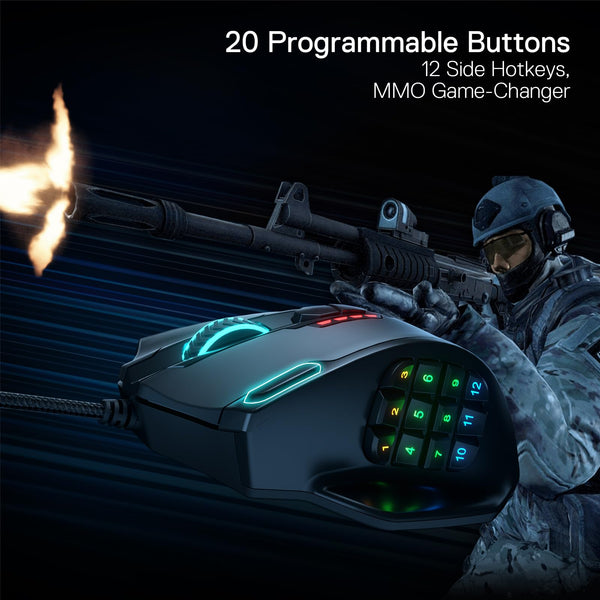 Redragon M908 Impact RGB LED MMO Mouse with Side Buttons Optical Wired Gaming Mouse with 12,400DPI, High Precision, 20 Programmable Mouse Buttons