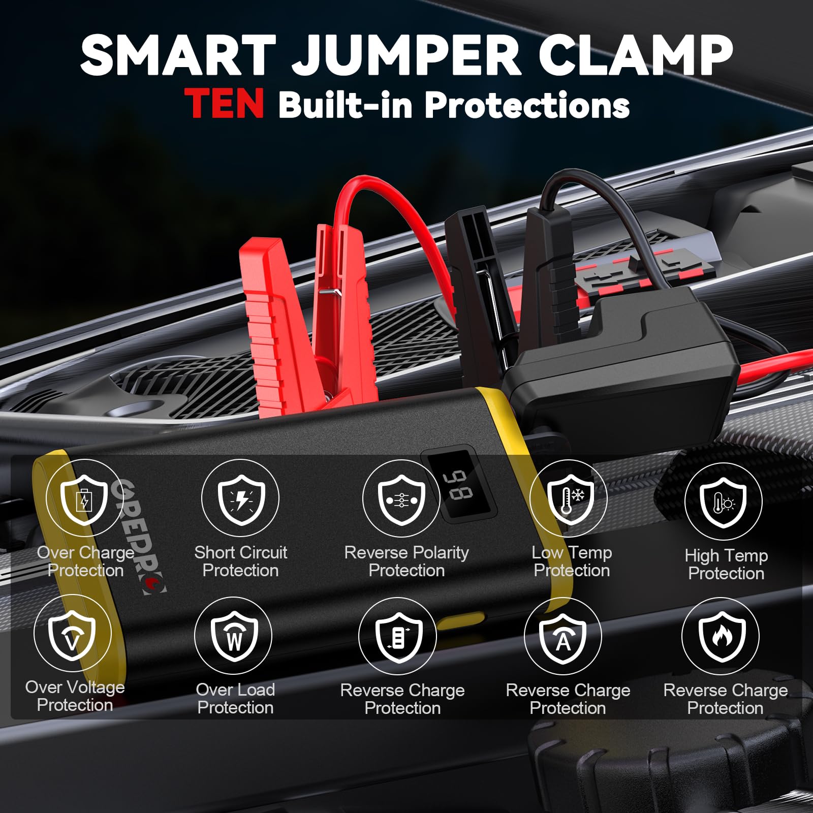 GREPRO Jump Starter Power Pack (up to 6.5L Gas, 4.0L Diesel), 2000A Car Battery Booster Jump Starter and Jump Pack for 12V Vehicles, Motorcycle, Jump Starter with LCD Screen and LED Flashlight