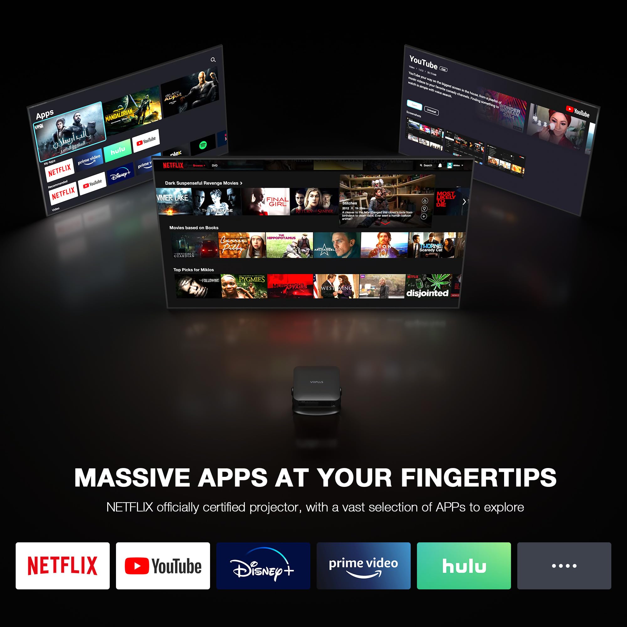 【Netflix Officially & Thinnest Design】Mini Projector 4K with Auto Focus & Keystone, VOPLLS 600ANSI WiFi Bluetooth 1080P Full HD Portable Projector, Smart Moive Projector for Bedroom/Outdoor/Phone