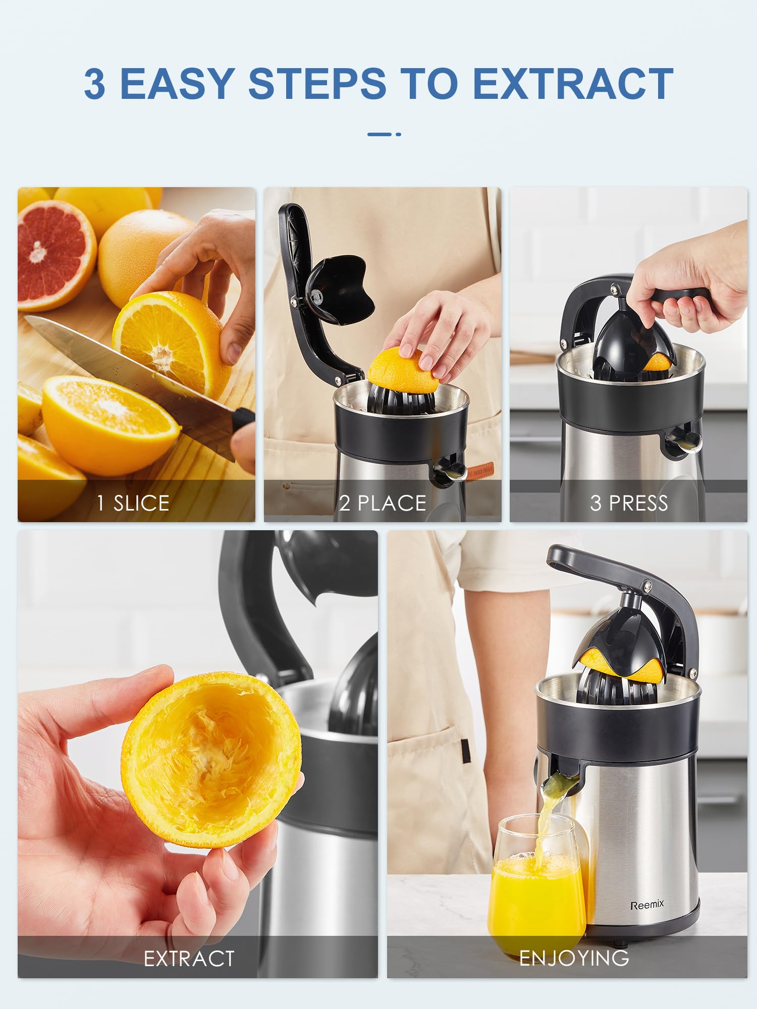 Electric Citrus Juicer, Easy Press Orange Juice Squeezer for Orange, Lemon, and Grapefruit, with Two Interchangeable Cones, Brushed Stainless Steel