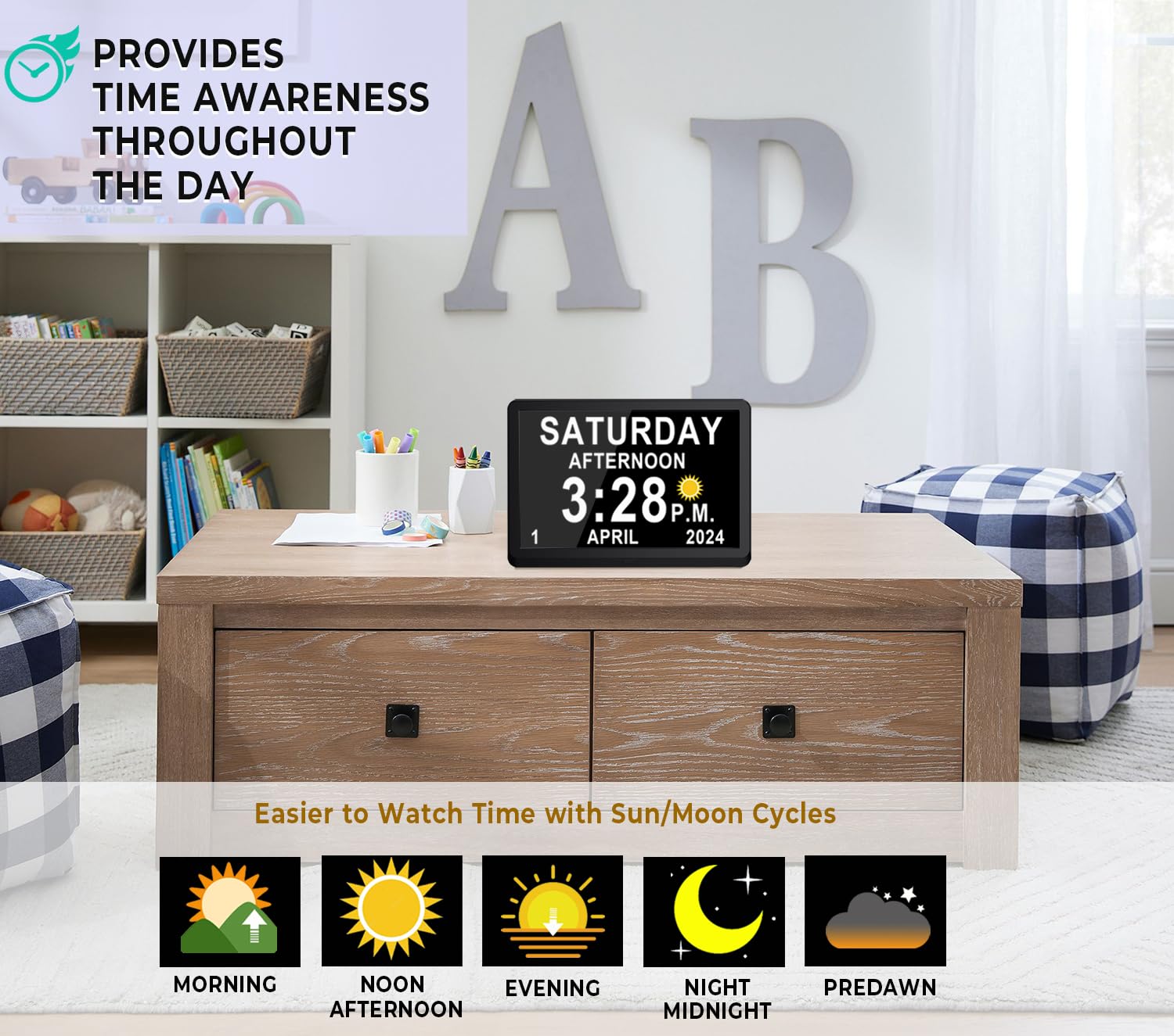 Véfaîî Newest,Dementia Clock 2.0 with Auto DST, 20 Custom Reminders, Day Clock with Sun/Moon icons for Elderly, Sleep Trainer, 7" with Remote & HD Picture Frame