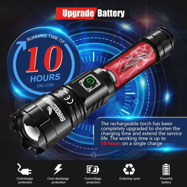 Shadowhawk Torches LED Super Bright, 500000 Lumens Rechargeable LED Torch, USB Tactical Flashlight, XHP70.2, IP67 Waterproof, 5 Light Modes Zoomable, for Camping Hiking Emergency
