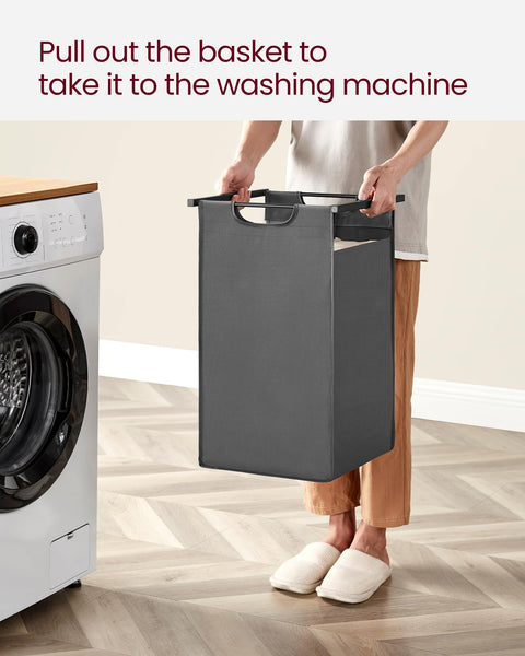 VASAGLE Laundry Basket, Laundry Hamper, Pull-Out and Removable Liner Bag, Shelf, Metal Frame, 65 L, 50 x 33 x 72 cm, Ink Black and Rustic Brown BLH101B01