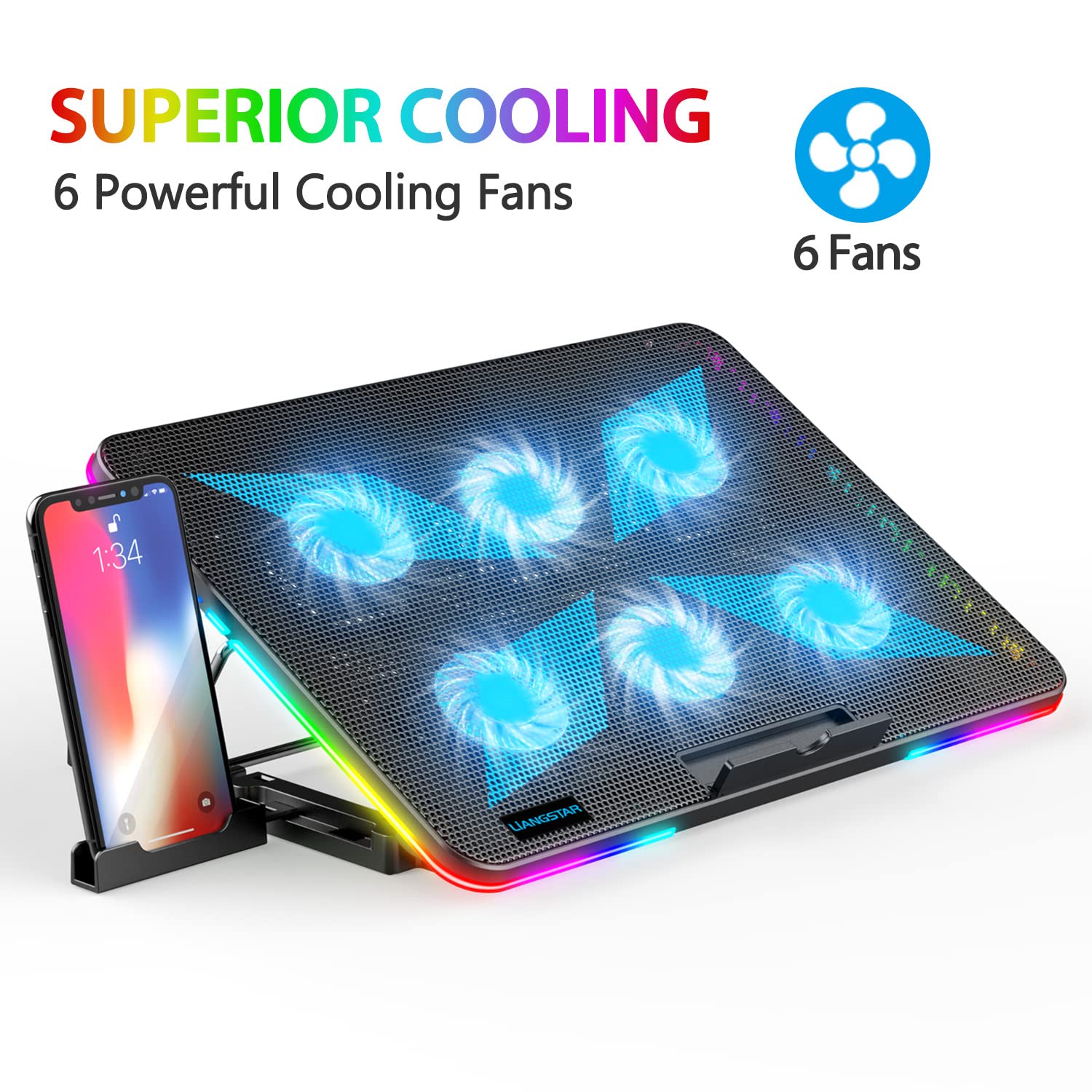 LIANGSTAR Laptop Cooling Pad, Laptop Cooler with 6 Quiet Fans at 2100RPM, Laptop Stand with Phone Holder, 7 Heights Adjustable & USB Powered, suitable for 12-17 Inch, Blue