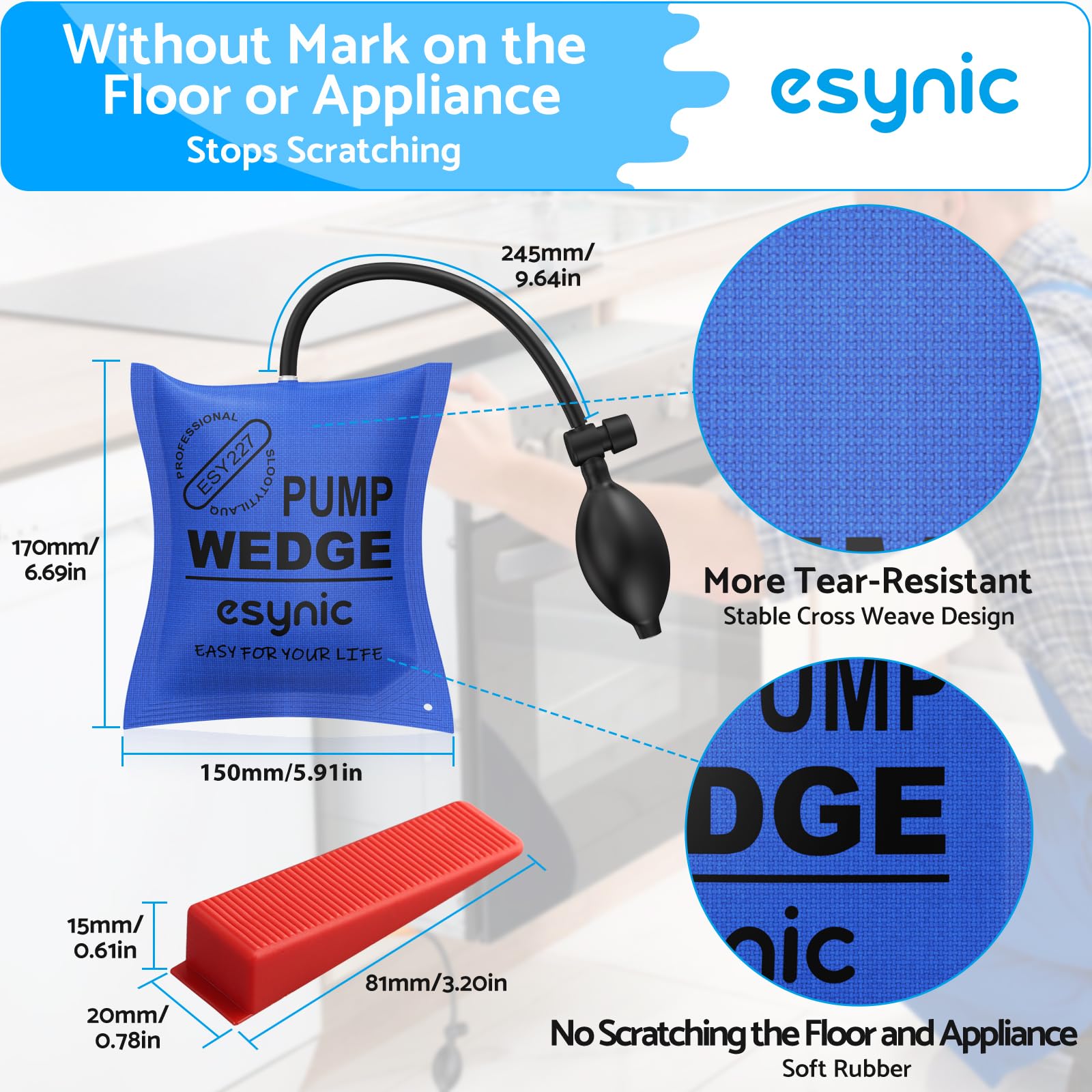 eSynic 3Pack Air Wedge Pump up Bag Inflatable Wedge Winbags Smooth TPU Air Bags for Lifting Door Air Wedge Door Lifter Pump Load-Bearing 297 Pounds/134KG with 4 Plastic Wedges-Blue
