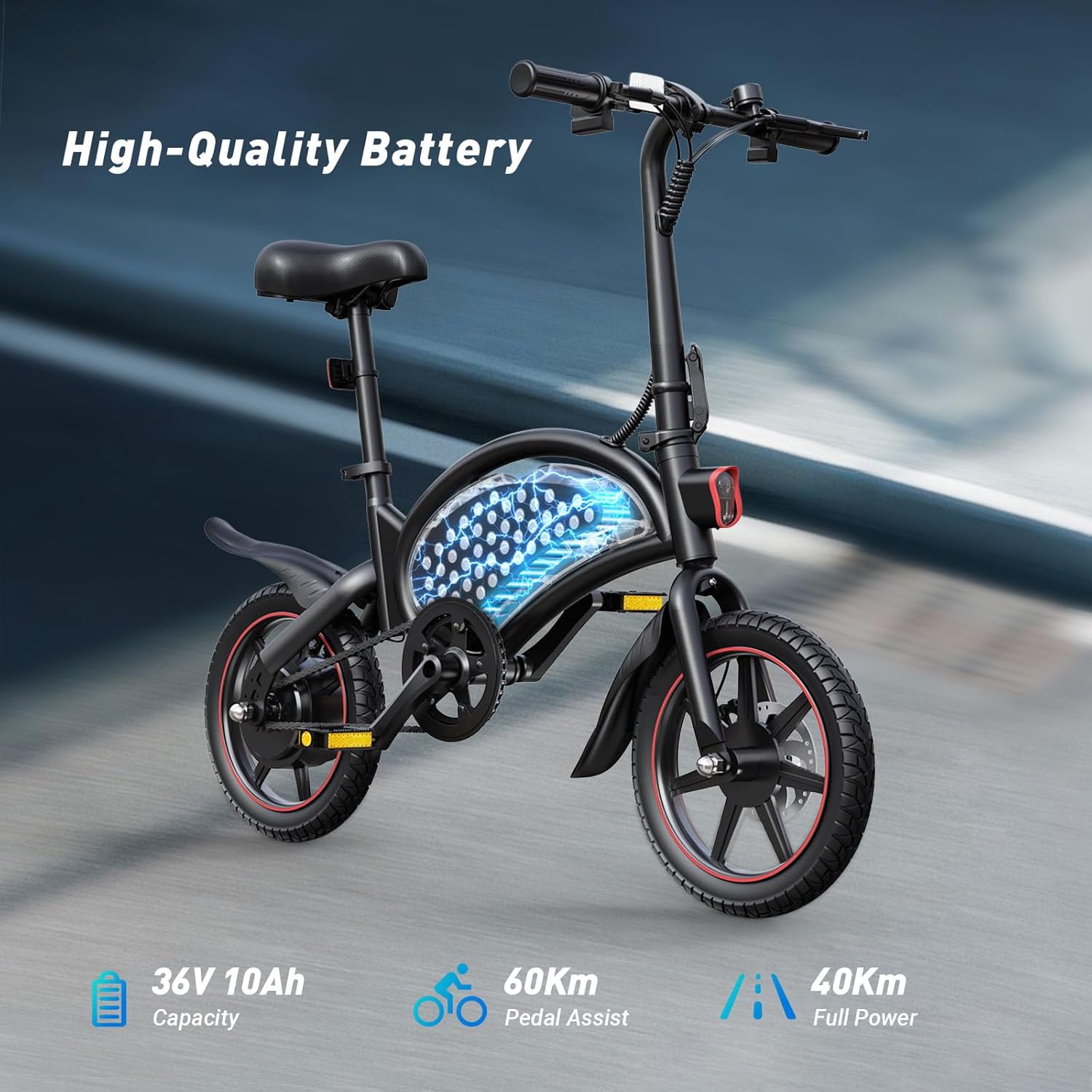DYU D3F Electric Bike 14 Inch Lightweight Folding E Bike for Adults and Teens 250W Motor 36V 10Ah Removable Battery Up to 60KM Range Dual Disc Brakes Spring Suspension Urban Commuter Electric Bicycle