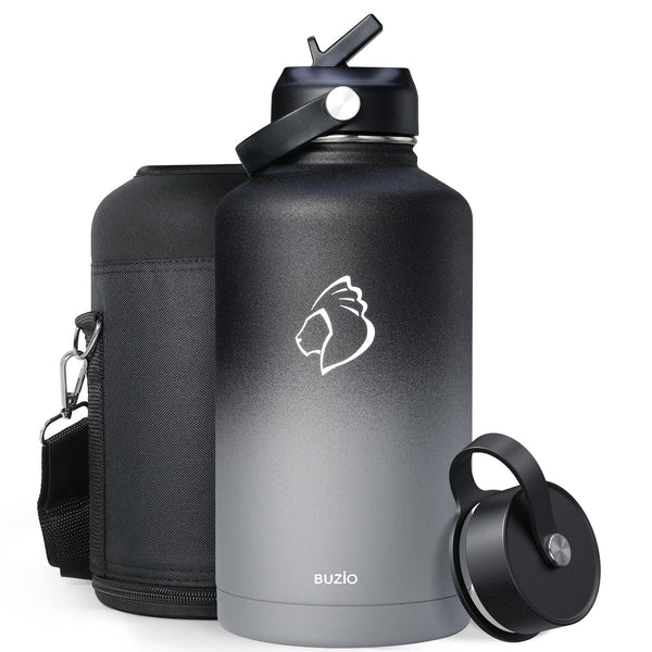 Stainless Steel Water Bottle 2L, BUZIO Vacuum Insulated Water Bottle with Straw Lid and Flex Cap Cold for 48 Hrs, Hot for 24 Hrs Double Wall Wide Mouth BPA Free Leak Proof, Black