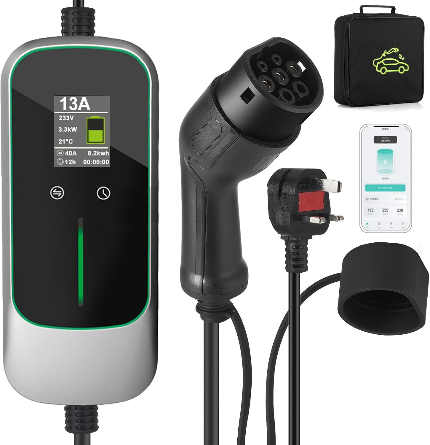 Portable Type 2 Charging Cable UK 3 PIN Wifi Control Model 2 Adjustable Current 8A/10A/13A/16A, 5M Timing Delay Funtion 1-12Hours IP65 Max Waterproof level, EV Home Ev Charger Type 2