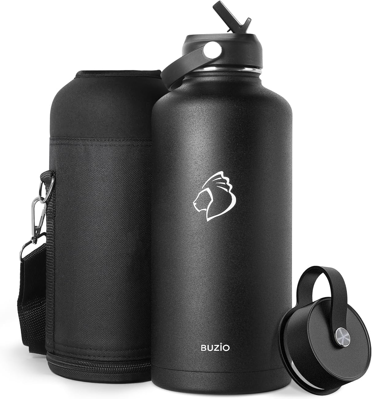 Stainless Steel Water Bottle 2L, BUZIO Vacuum Insulated Water Bottle with Straw Lid and Flex Cap Cold for 48 Hrs, Hot for 24 Hrs Double Wall Wide Mouth BPA Free Leak Proof, Black