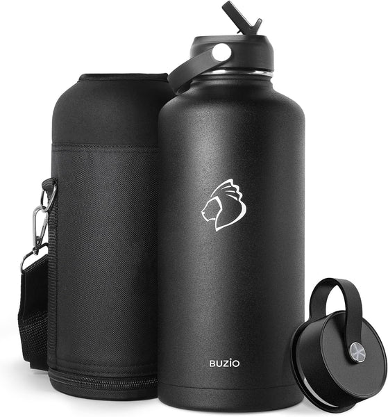 Stainless Steel Water Bottle 2L, BUZIO Vacuum Insulated Water Bottle with Straw Lid and Flex Cap Cold for 48 Hrs, Hot for 24 Hrs Double Wall Wide Mouth BPA Free Leak Proof, Black