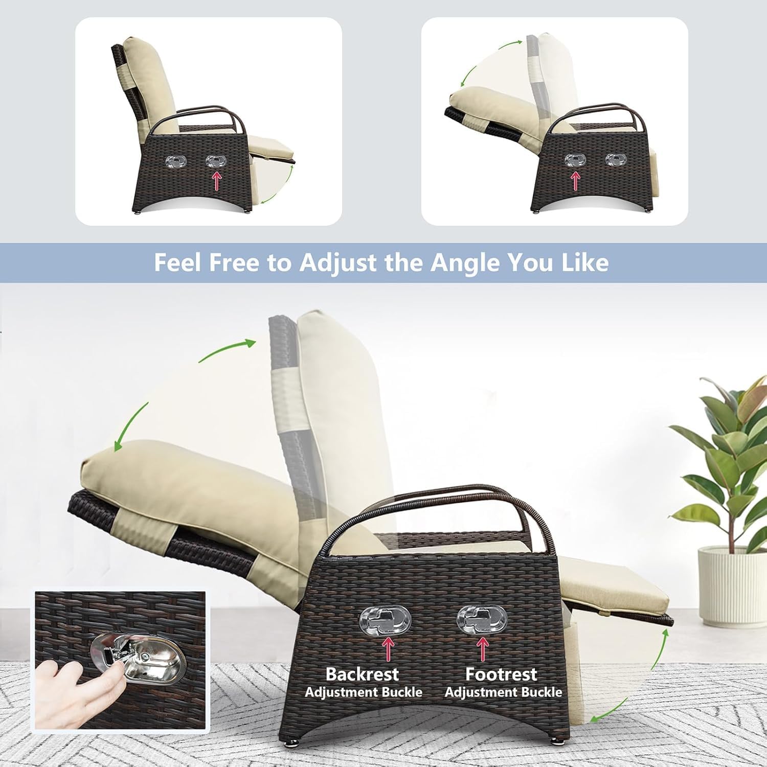 ATR ART TO REAL Rattan Garden Recliner Chairs,Sun Loungers for Outdoor Patio Furniture,2 Buckles Adjustable Backrest & Footrest Separately,All Weather Use Hand-woven Reclining Garden Chair,Khaki