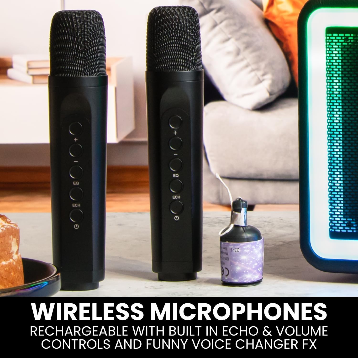 Karaoke Machine & Portable Speaker with Wireless Microphones & Lights. Mr Entertainer Neon