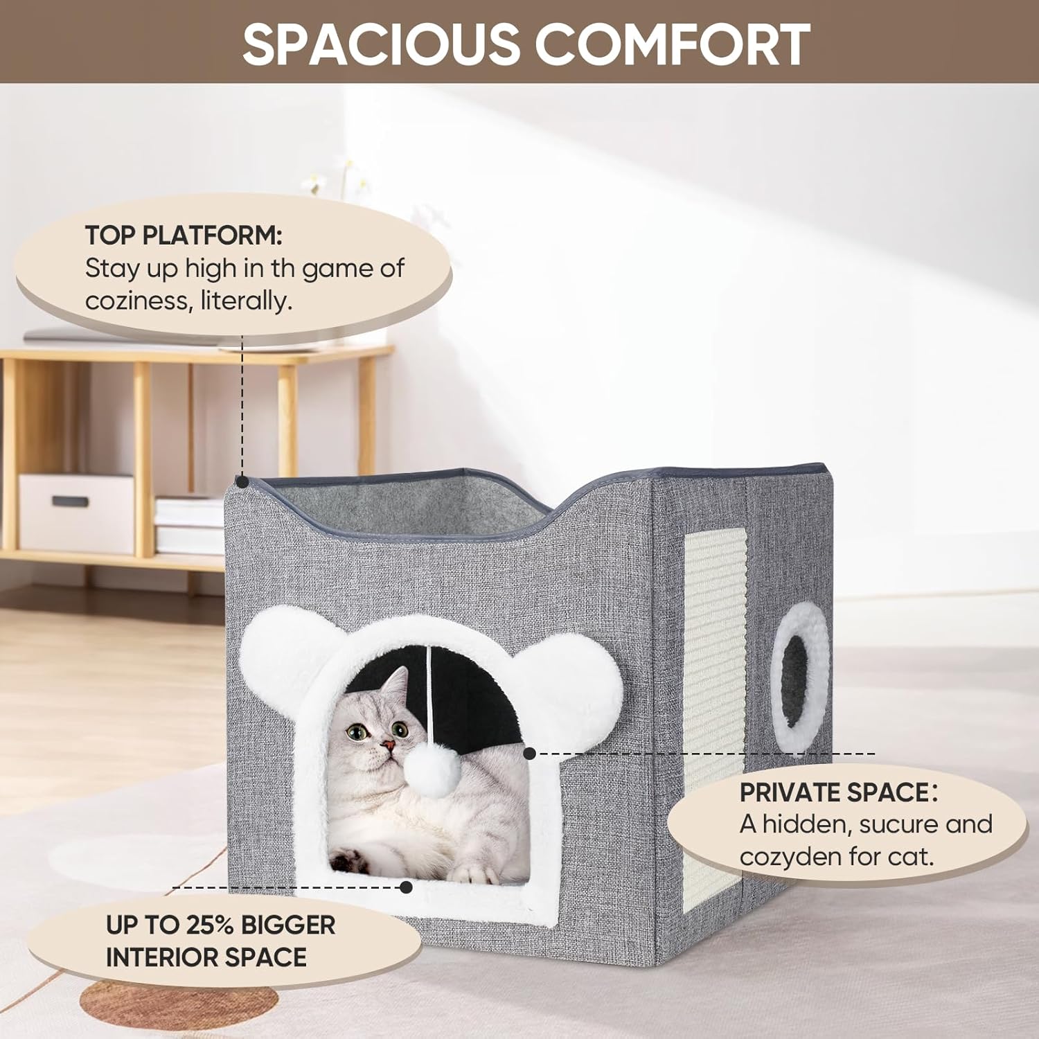 Furjoy Cat Beds, Large Cat Cave for Pet House with Fluffy Ball Hanging and Scratch Pad, Houses & Condos, Cubes, Hideaway, Covered Bed for Multi Small Pet Large Kitty