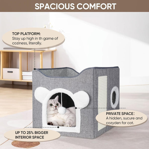 Furjoy Cat Beds, Large Cat Cave for Pet House with Fluffy Ball Hanging and Scratch Pad, Houses & Condos, Cubes, Hideaway, Covered Bed for Multi Small Pet Large Kitty