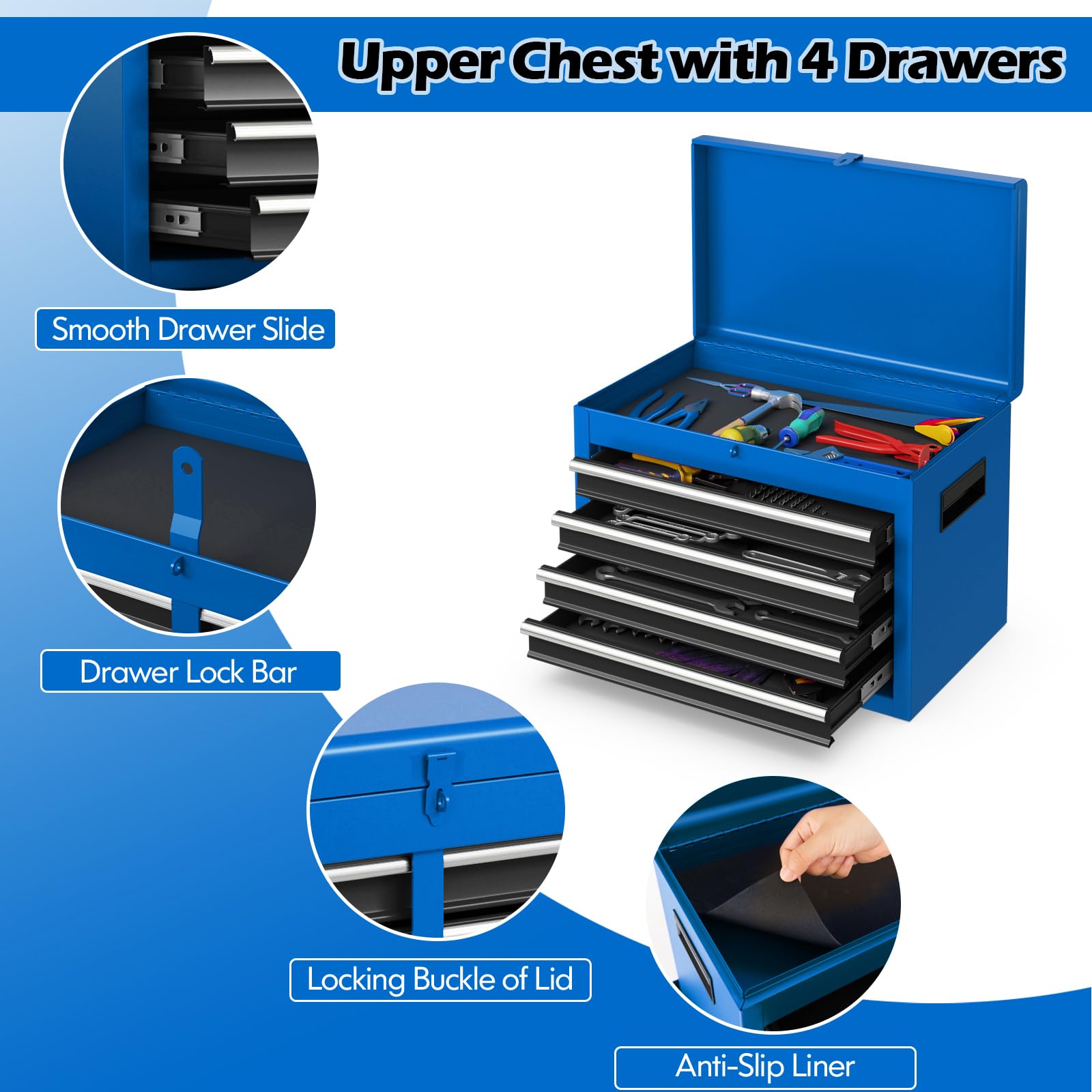 COSTWAY Large Rolling Tool Cabinet, 2-in-1 Detachable Metal Tool Chest with Drawers, Wheel, Handle, Hooks & Pegboard, Lockable Tool Box Trolley for Garage Workshop (with Middle Compartment, Black)