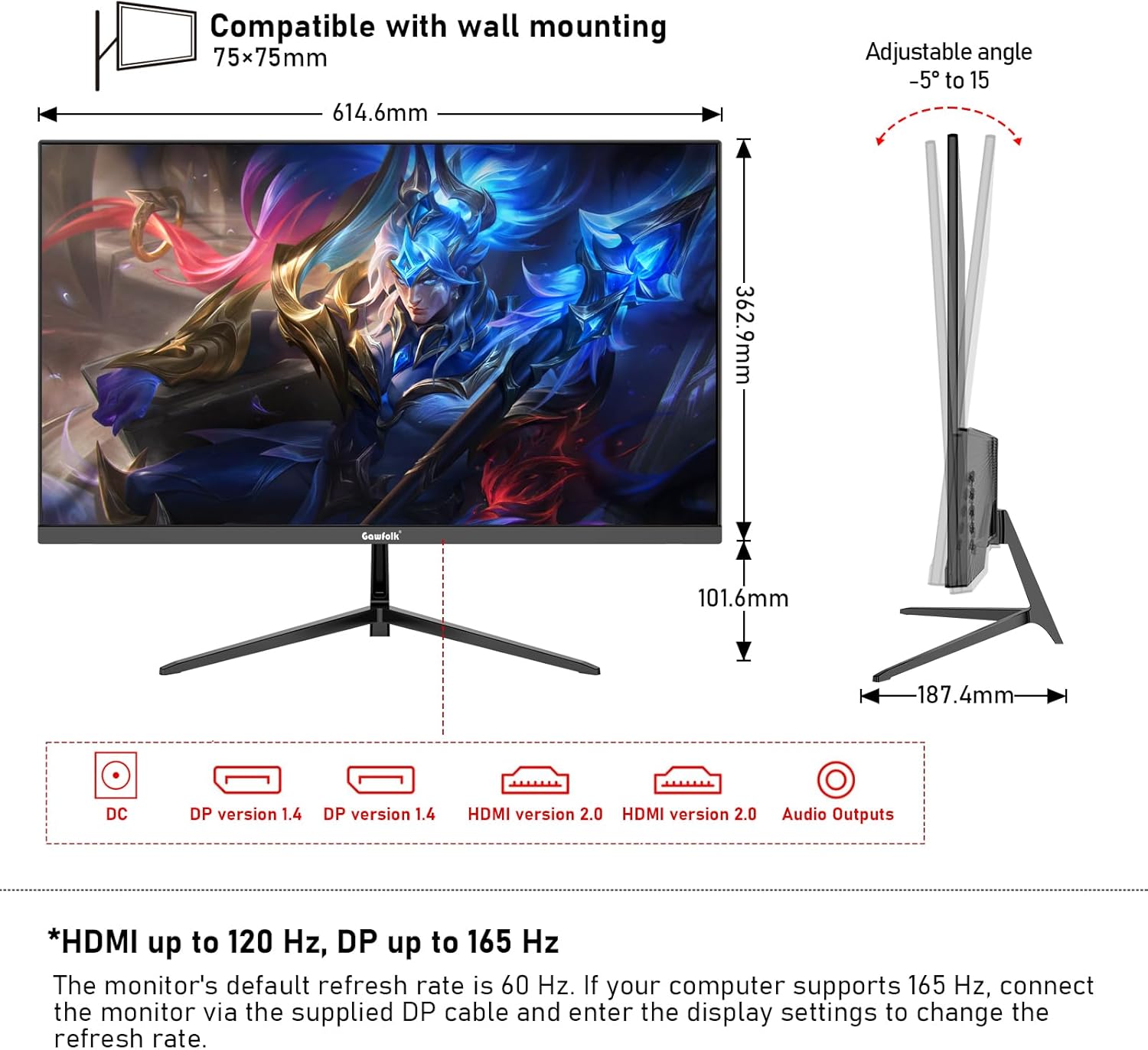 Gawfolk 34 Inch Ultrawide Curved 144Hz Gaming Computer Monitor 1500R PC Screen 21:9 UWQHD (3440x1440),Adaptive Sync,178° Viewing Angle,Display Port、HDMI 2.0, VESA75x75MM-Black