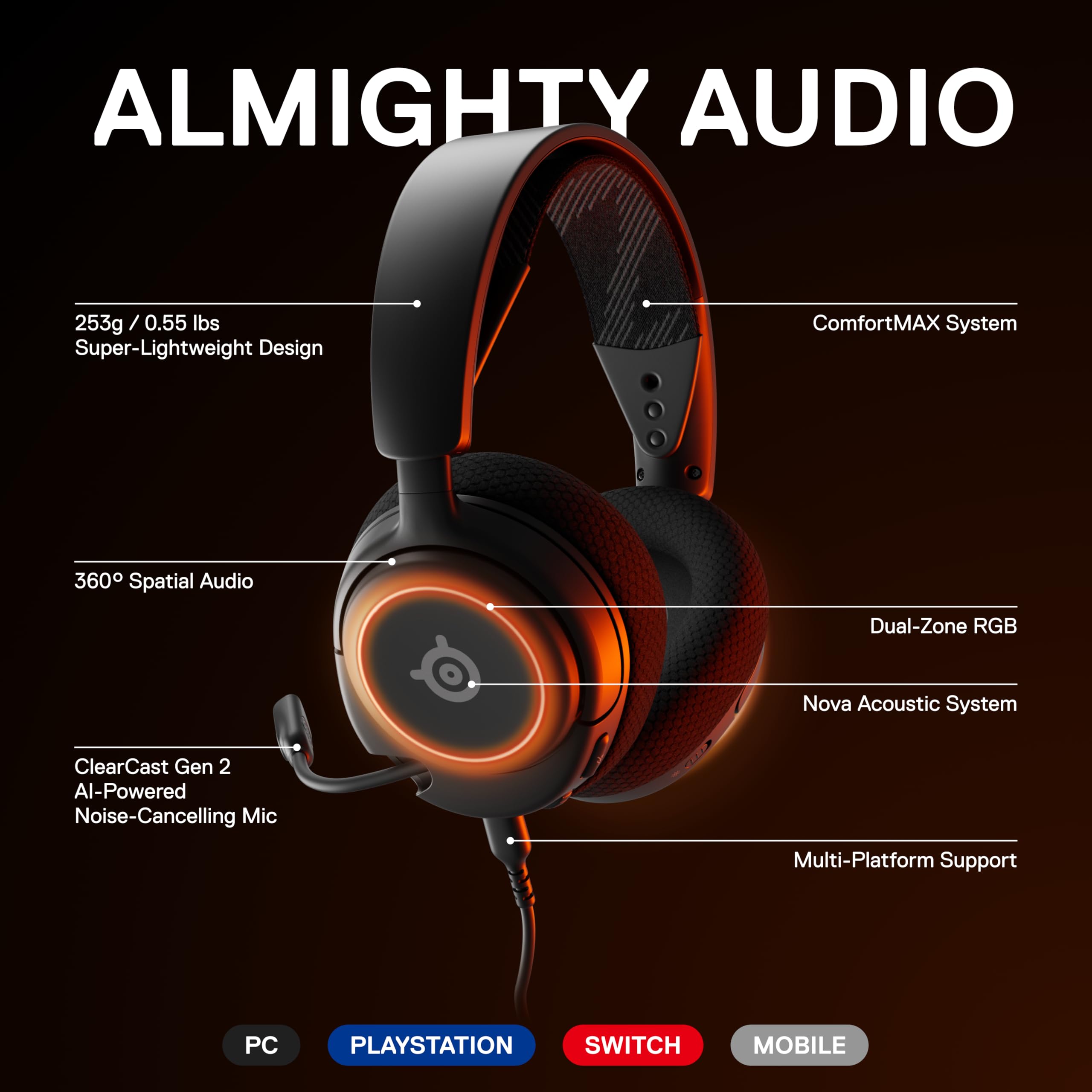 SteelSeries Arctis Nova 3 - USB-C Gaming Headset for PC, PS4, PS5 & Switch - RGB Lights - Hi-Fi Drivers - 360° Spatial Audio - AirWeave Memory Foam Earcups - Super Lightweight - ClearCast Gen 2 Mic