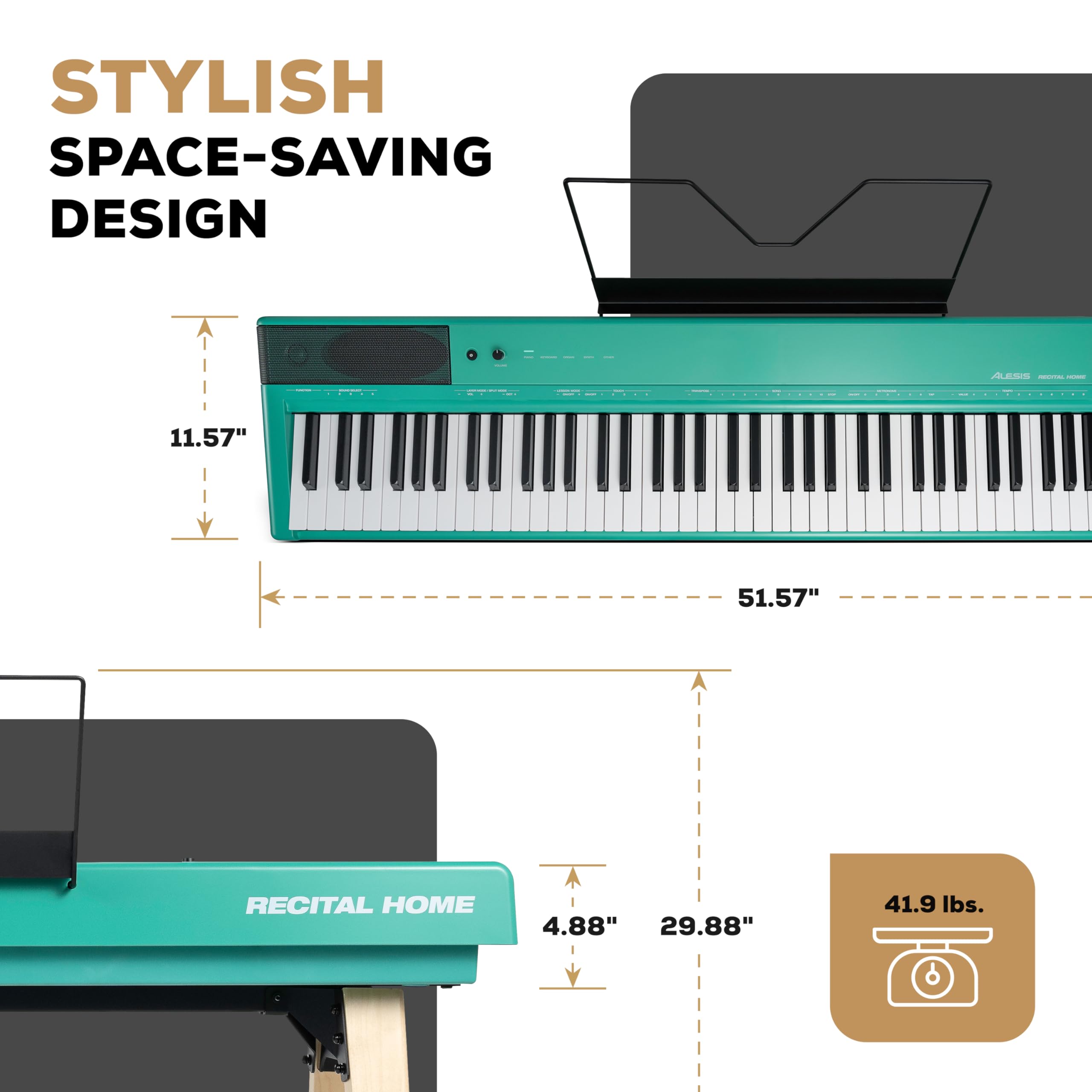 Alesis Recital Home Digital Piano with 88 Hammer Action Weighted Keys, Stand, Pedals and Lessons, Turquoise