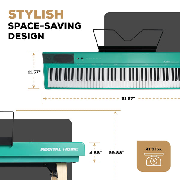 Alesis Recital Home Digital Piano with 88 Hammer Action Weighted Keys, Stand, Pedals and Lessons, Turquoise