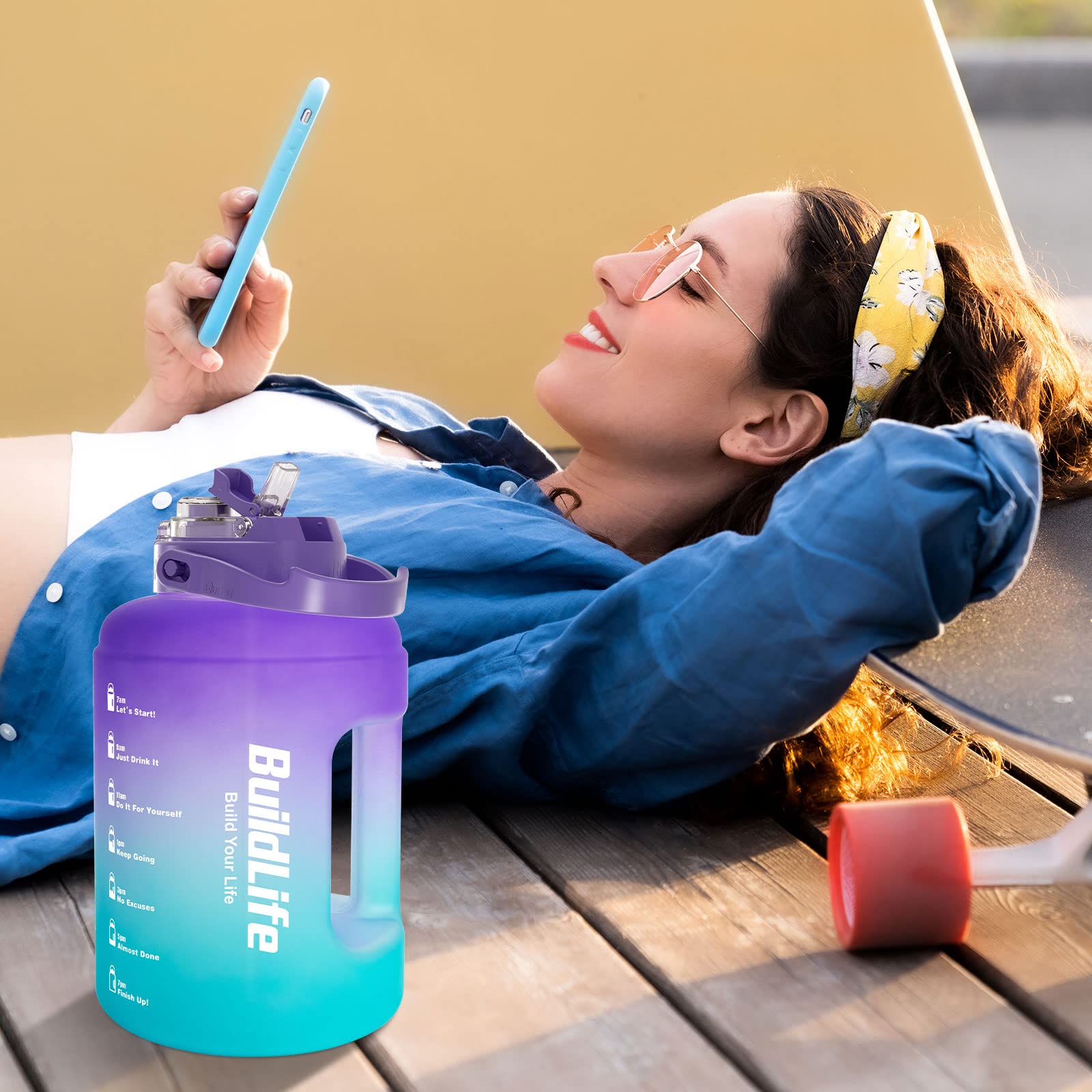 BuildLife Water Bottles with Straw & Flip Cap 2 in 1 Lid - Large Water Bottle with Time Markings BPA Free Leak Proof Wide Mouth Drinks Bottle,2.5 Litre Durable Sports Water Bottle (Black)