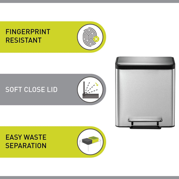 EKO Ecocasa Recycling Kitchen Bin 15+15Litre, Pedal Rubbish Bin with Two Removable Inner Buckets, Perfect for Kitchen & Home, Stainless Steel