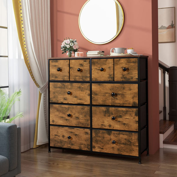 LYNCOHOME Chest of Drawers with 10 Drawers,Wooden Top Bedroom Furniture & Storage Unit for Closet, Living Room, Hallway, Rustic Brown