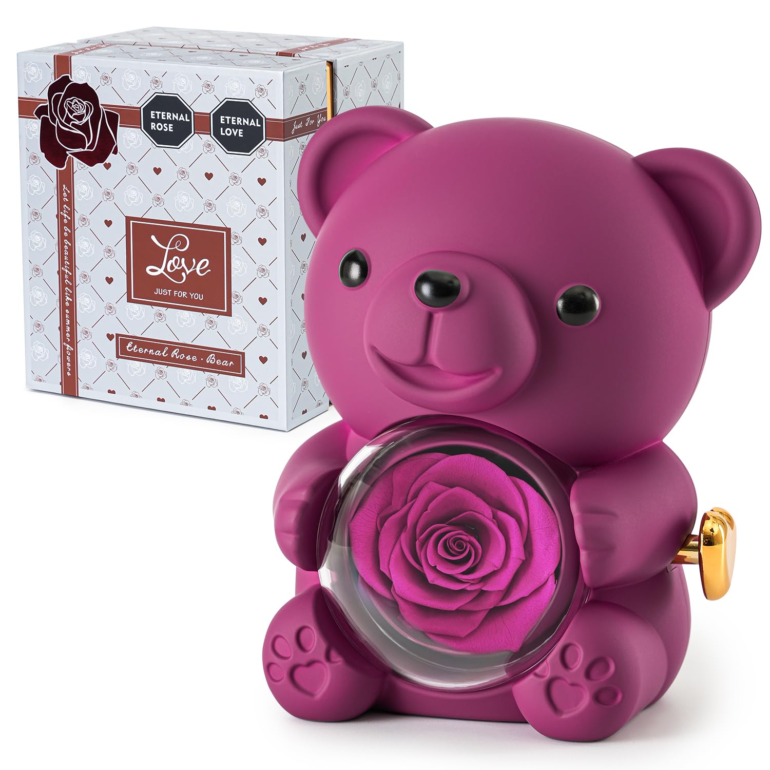 Ariceleo Purple Teddy Bear with Preserved Rose, Real Rose Flower in Bear, Elegant Gift Box, Heart-Shaped Necklace, Unique Gift for Valentine's Day,