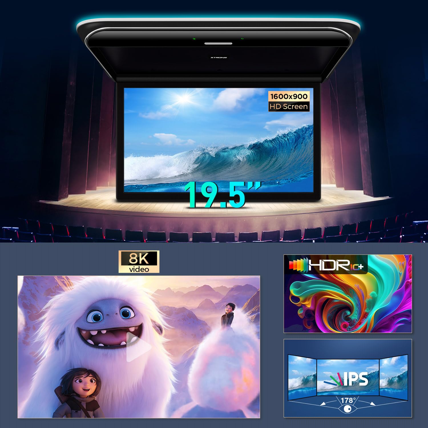 XTRONS Android Car Overhead Player 19.5 Inch Octa Core Car Roof Mount Monitor Wide IPS Screen 8K Video Built-in Stereo Speakers Flip Down Overhead Car Monitor Support 4G WiFi HDMI Input USB RCA Input