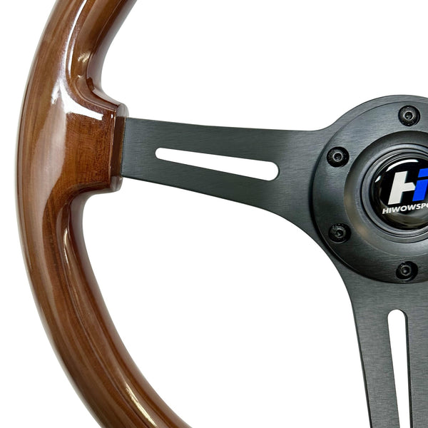 Hiracing 14" Universal Classic Wood Grain Steering Wheel Brushed 3 Spoke 1.5 Depth Steering Wheel with Horn Button 6 bolts (010)