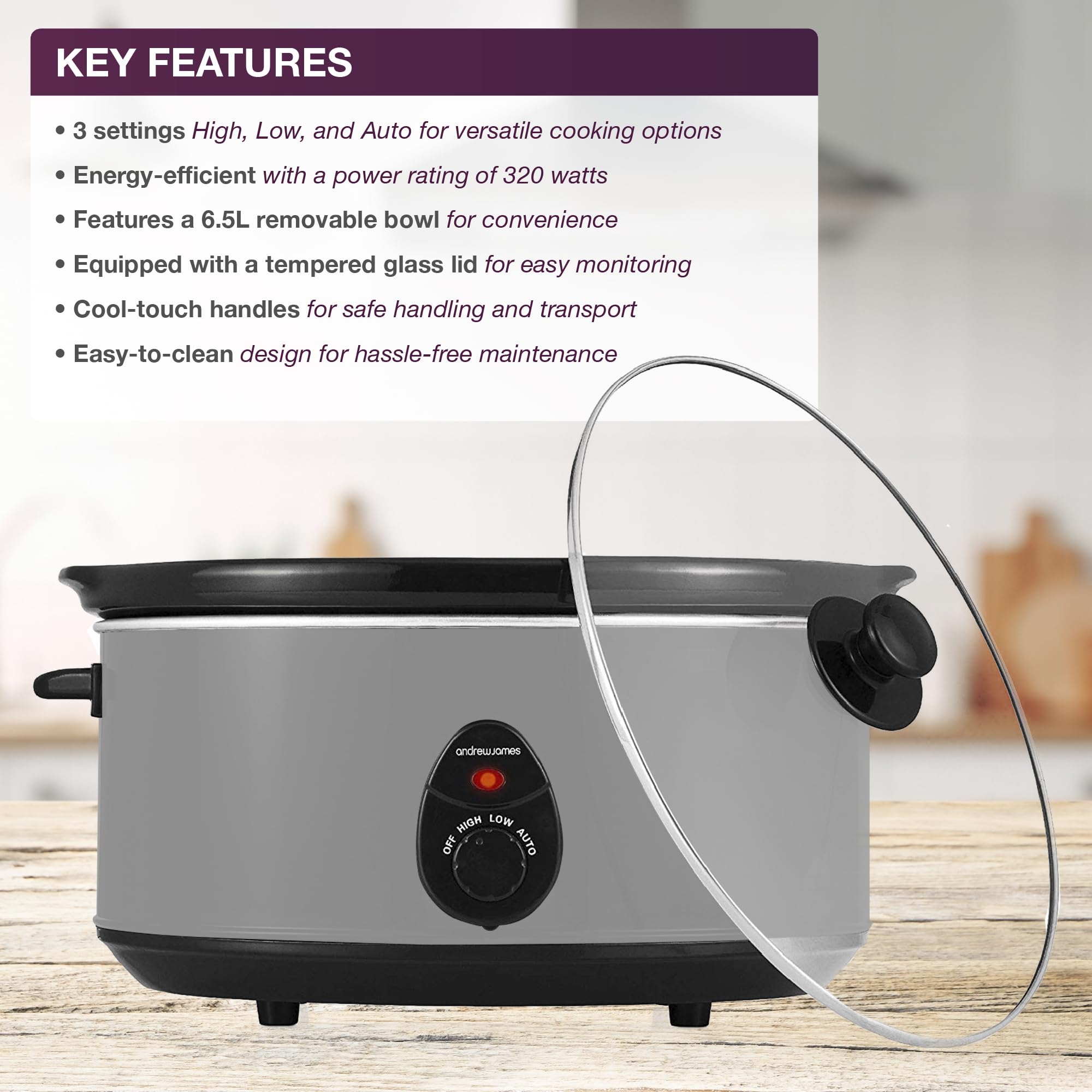 Andrew James 6.5L Slow Cooker with Removeable Easy Clean Ceramic Bowl, 3 Temperature Settings, Energy Efficient Large Slow Cooker with Tempered Glass Lid, Cool Touch Handles & Non-Slip Feet (Grey)