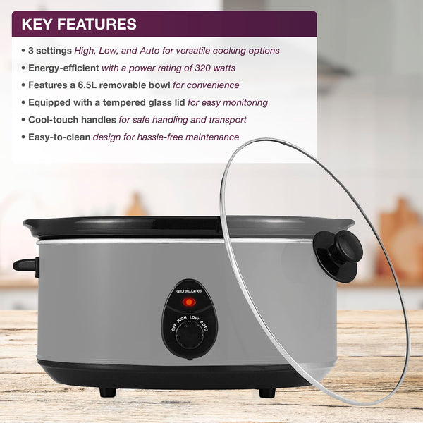 Andrew James 6.5L Slow Cooker with Removeable Easy Clean Ceramic Bowl, 3 Temperature Settings, Energy Efficient Large Slow Cooker with Tempered Glass Lid, Cool Touch Handles & Non-Slip Feet (Grey)