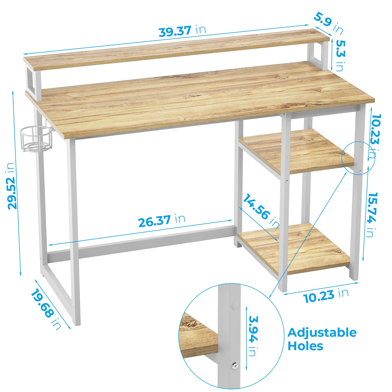 GreenForest Office Desk with Full Monitor Stand,100 cm Home Computer Desk with Reversible Storage Shelves,Small Study Desk with Headphone Hook and Cup
