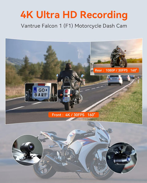 VANTRUE F1 Motorcycle Camera 4K Front and Rear 5GHz WiFi GPS HDR Waterproof, Dual Motorbike Motorcycle Dash Cam Dustproof, Motorbike Camera Dual Lens 160 Wide Anlge, 24H Parking Mode, 512GB Max