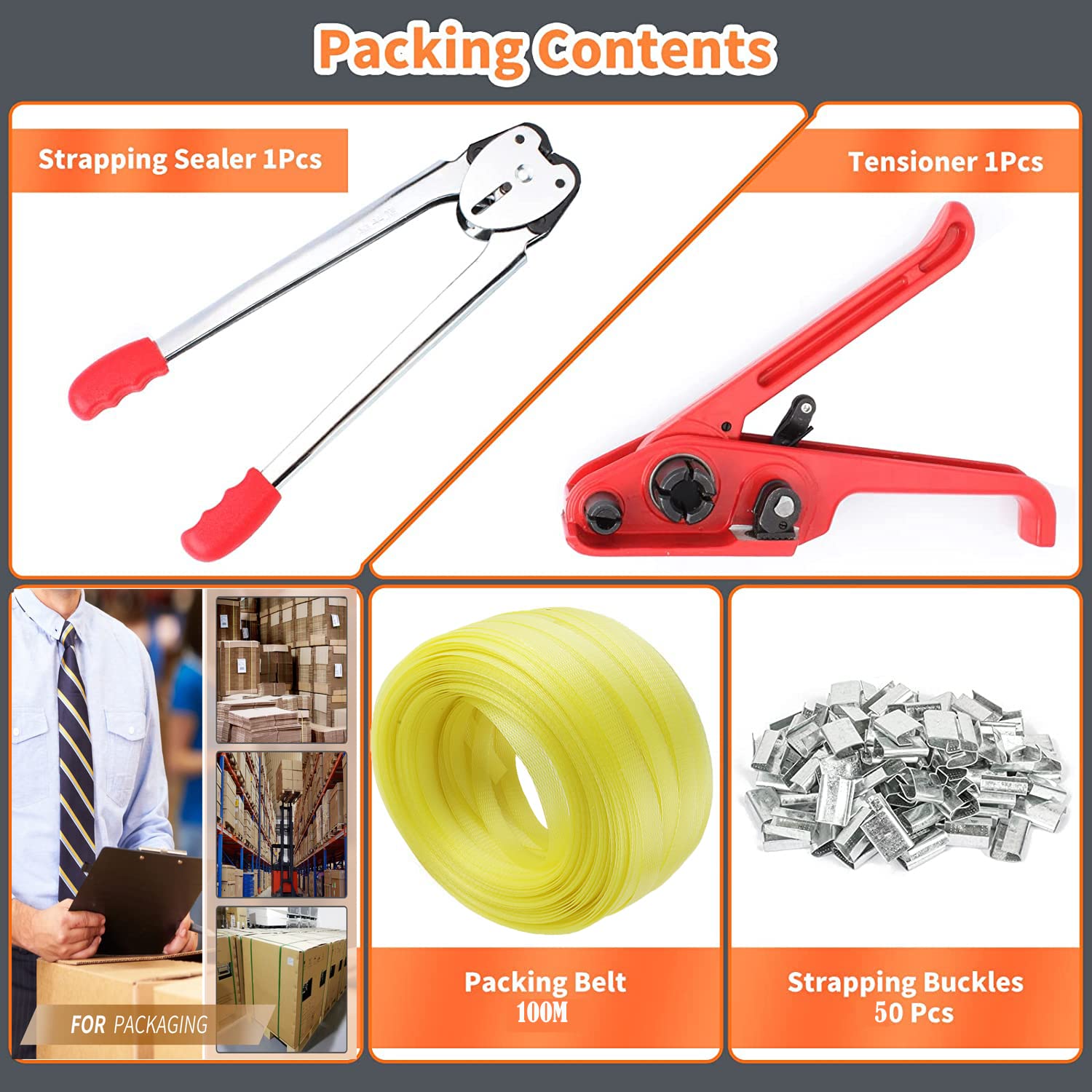 Complete Hand Pallet Packaging Strapping Kit with Tools, 200m PP Band, Metal Seals, and Edge Protectors for Secure Packing