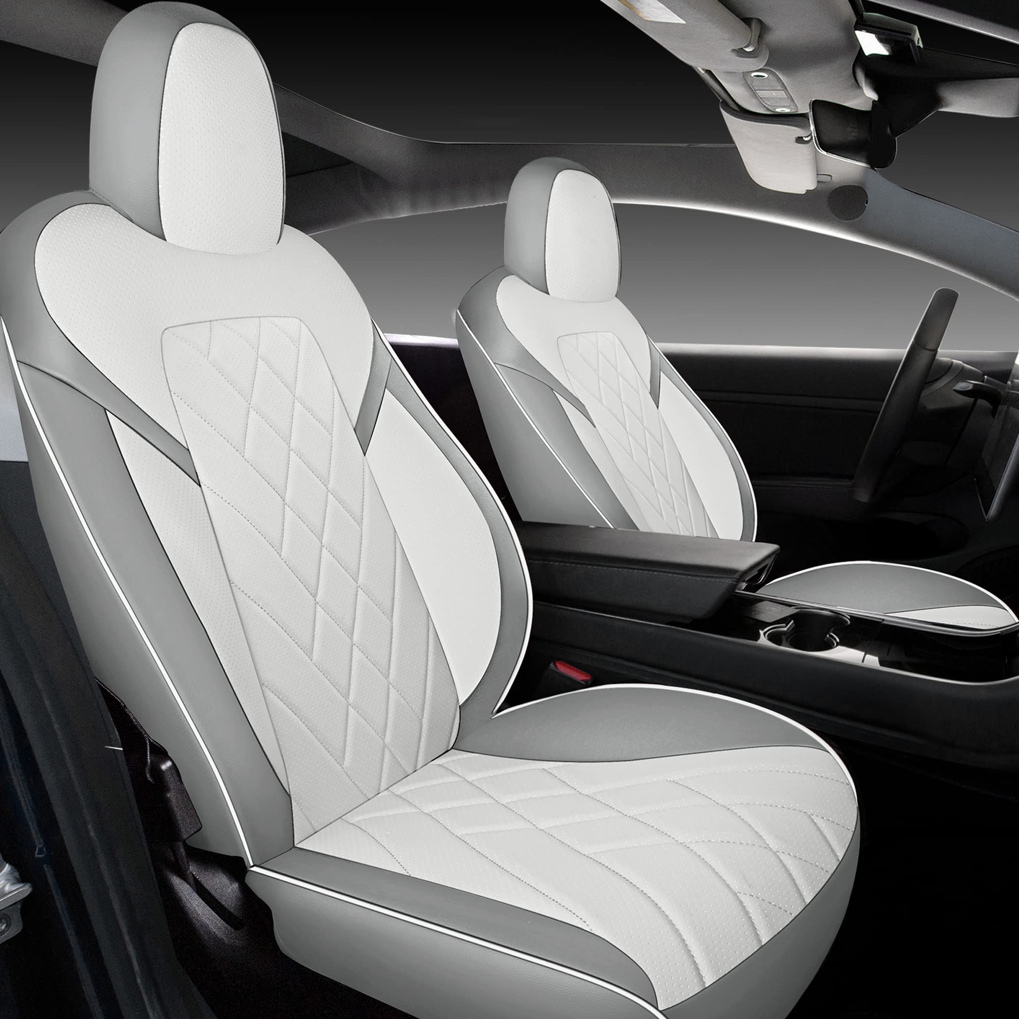 Tapha Faux Leather Seat Cover Set for Tesla Model 3 2017-2022, Breathable and Water-Resistant, Include Seat Covers for Front and Rear Seats (White/Grey)