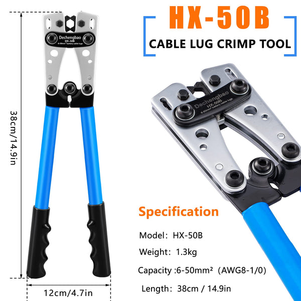 HX-50B Battery Cable Lug Crimping Tools Hand Electrician Pliers for Crimping Wire Cable from 6-50mm²(AWG 8-1/0) with Thickened and Reinforced The Metal Plate (HX50B Crmper +60PCSTerminals)