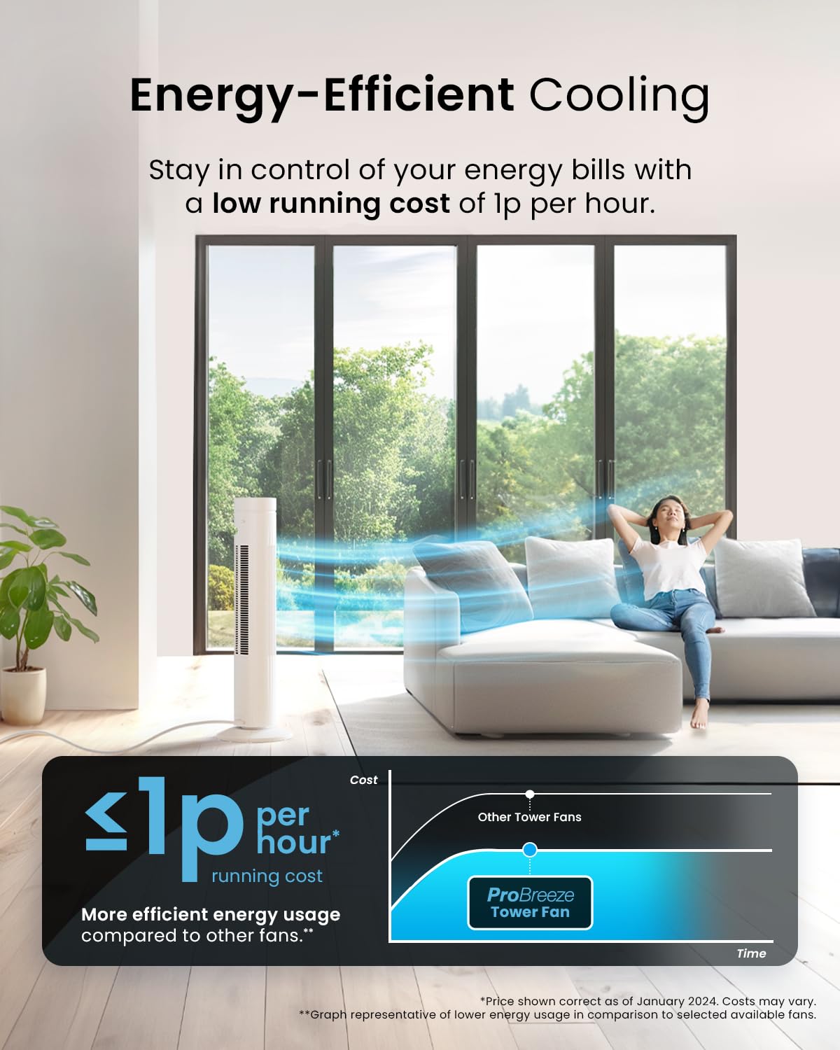 Pro Breeze Bladeless Tower Fan Quiet & Portable with Remote Control, 90° Oscillation, 15h Timer, 4 Modes, 3 Speeds - Powerful Electric 45W Motor Standing Air Circulator for Bedroom & Office